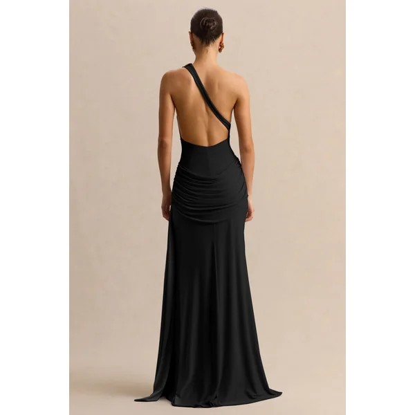 Belrose | Robe longue noire à encolure asymétrique avec détail doré et haute fente à l’avant