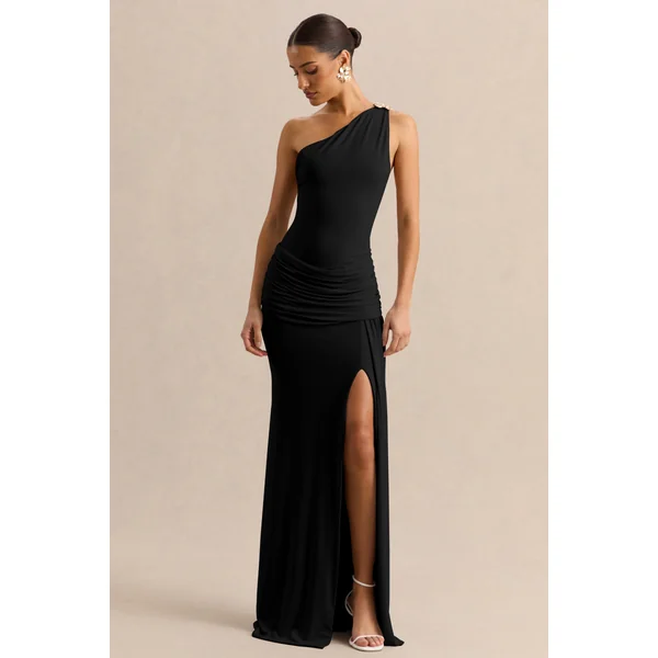Belrose | Robe longue noire à encolure asymétrique avec détail doré et haute fente à l’avant