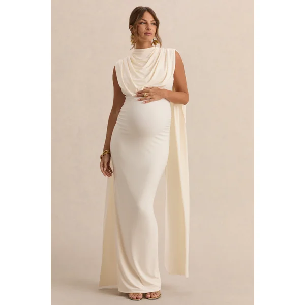 Belva | Robe longue de maternité crème à encolure ronde avec détail cape