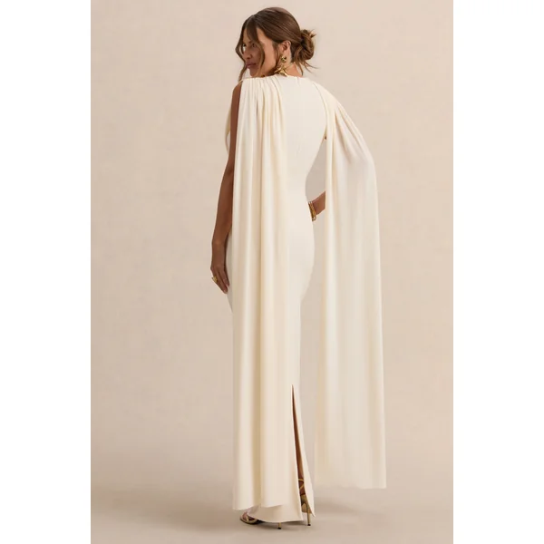 Belva | Robe longue de maternité crème à encolure ronde avec détail cape