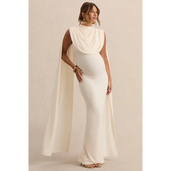 Belva | Robe longue de maternité crème à encolure ronde avec détail cape