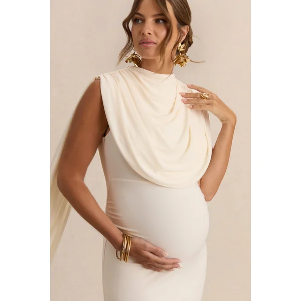 Belva | Robe longue de maternité crème à encolure ronde avec détail cape