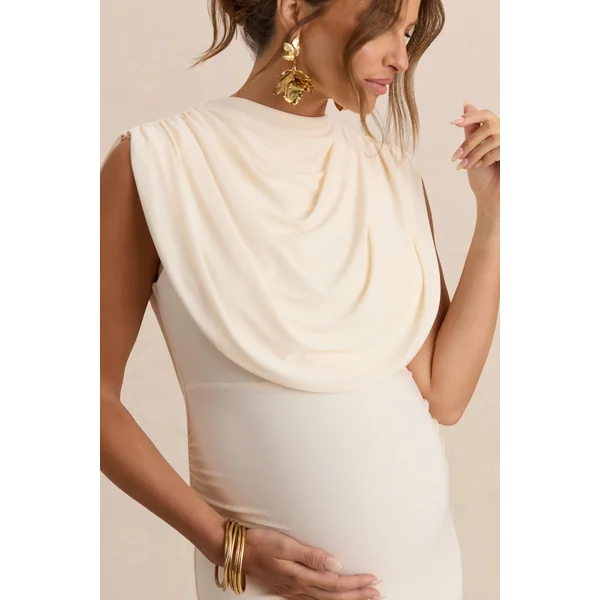 Belva | Robe longue de maternité crème à encolure ronde avec détail cape