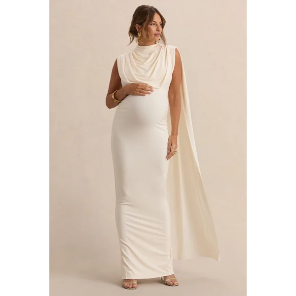 Belva | Robe longue de maternité crème à encolure ronde avec détail cape