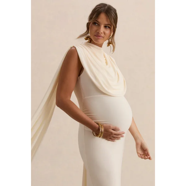 Belva | Robe longue de maternité crème à encolure ronde avec détail cape