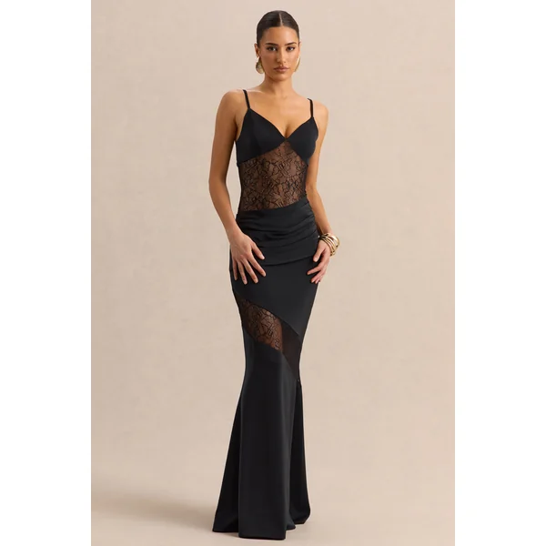 Belvair | Robe longue noire en satin et dentelle avec détail drapé
