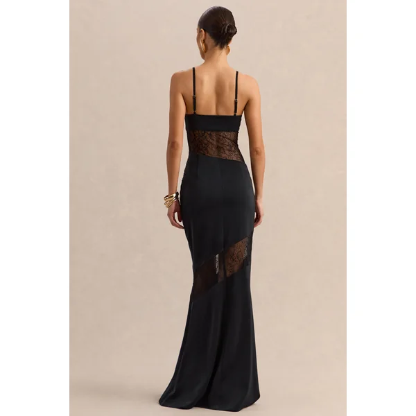 Belvair | Robe longue noire en satin et dentelle avec détail drapé