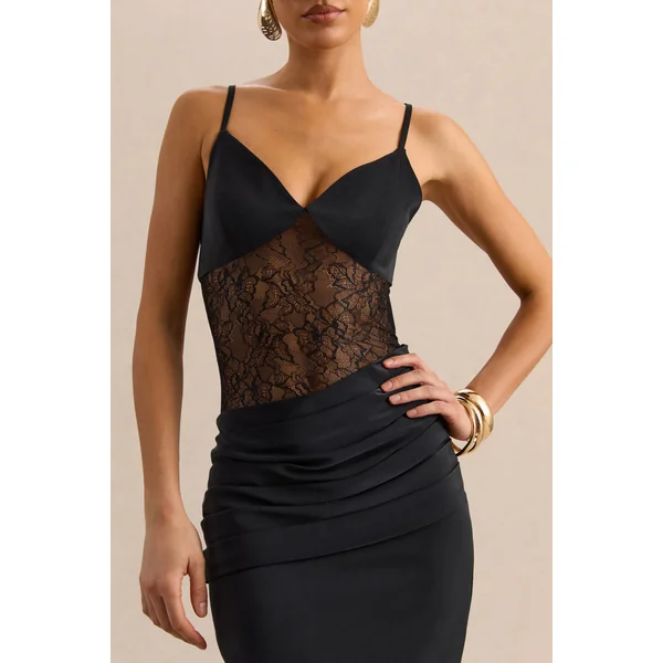 Belvair | Robe longue noire en satin et dentelle avec détail drapé