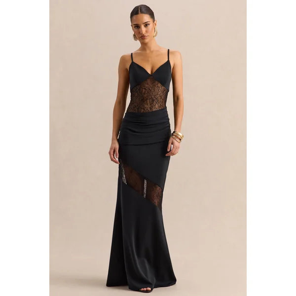 Belvair | Robe longue noire en satin et dentelle avec détail drapé