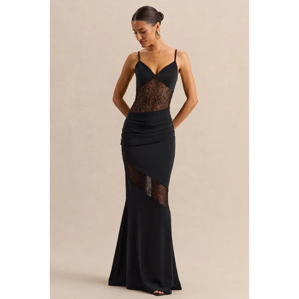 Belvair | Robe longue noire en satin et dentelle avec détail drapé