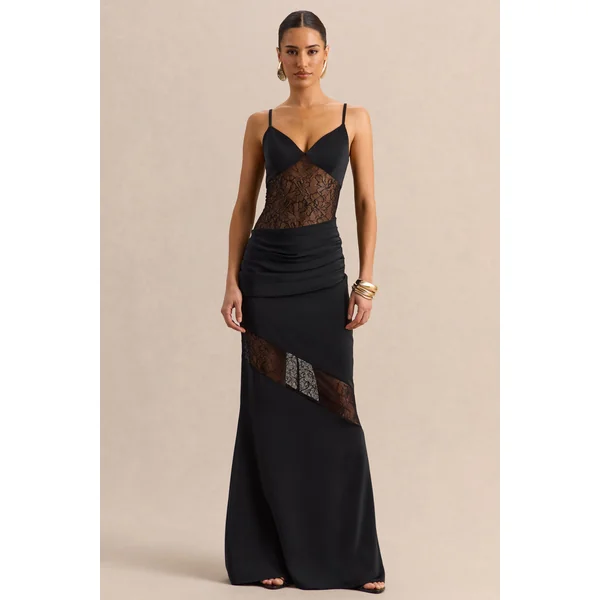 Belvair | Robe longue noire en satin et dentelle avec détail drapé