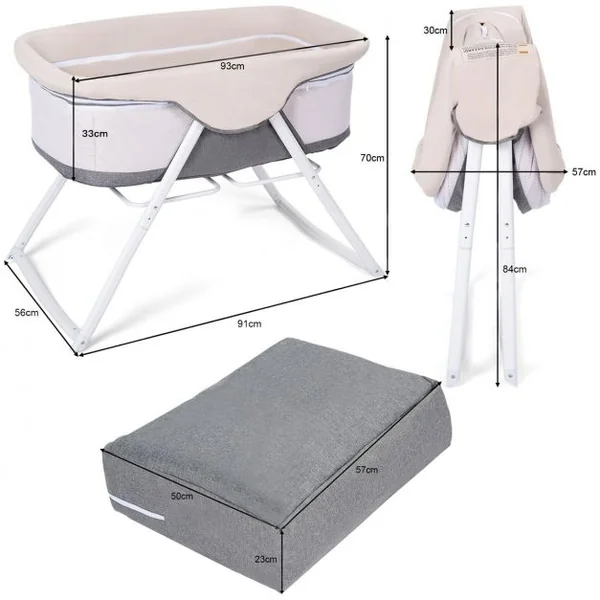 Berceau Bébé Lit Bébé Pliable avec Matelas Doux Tube en Aluminium 94 x 56 x 70 cm Beige et Gris
