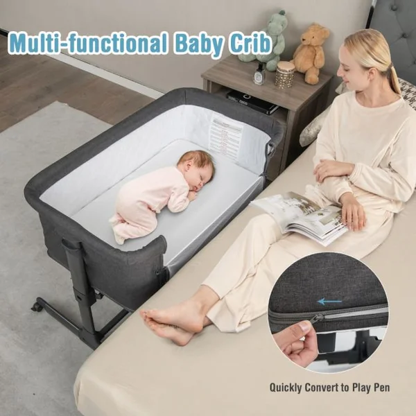 Berceau Bébé Pliable 3-en-1 avec Matelas Blocs de Construction 2 Sangles 5 Hauteurs Réglables Chaque Côté Séparément 4 Roues et Sac 0-6 Mois