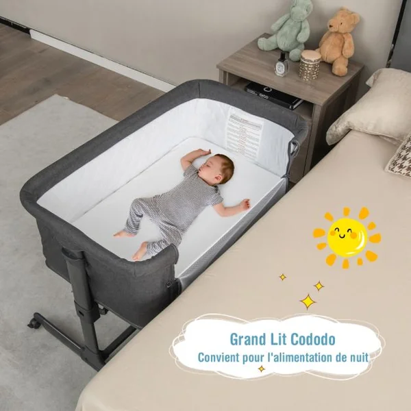 Berceau Bébé Pliable 3-en-1 avec Matelas Blocs de Construction 2 Sangles 5 Hauteurs Réglables Chaque Côté Séparément 4 Roues et Sac 0-6 Mois