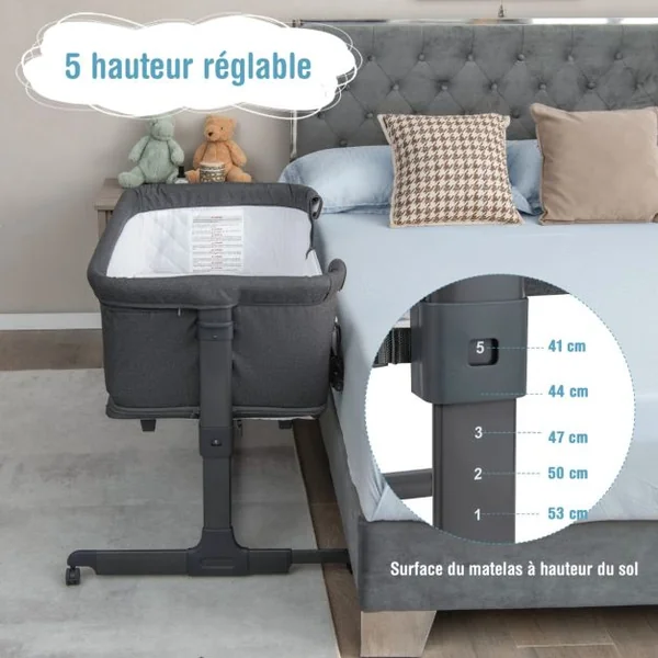 Berceau Bébé Pliable 3-en-1 avec Matelas Blocs de Construction 2 Sangles 5 Hauteurs Réglables Chaque Côté Séparément 4 Roues et Sac 0-6 Mois