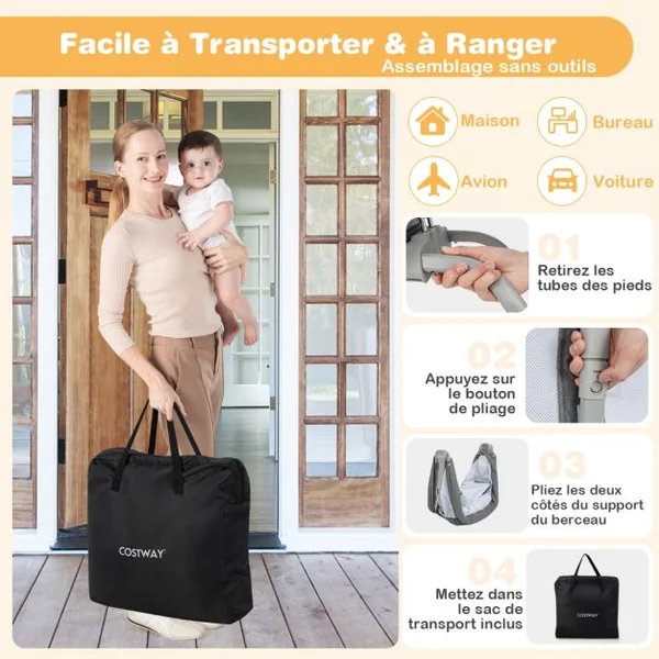 Berceau Bébé Pliable avec Matelas Moelleux de 2,5 cm Lit de Voyage avec Inclinaison Réglable Sac de Transport Charge 9 KG 0-6 Mois