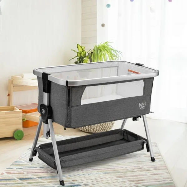 Berceau Cododo Bébé avec Matelas 7 Hauteurs Réglables Espace de Rangement Fenêtre en Maille Respirante 0-36 Mois Gris Clair