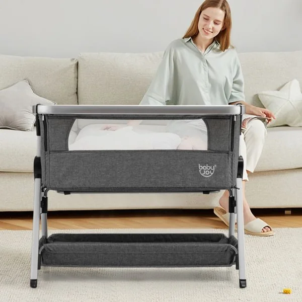 Berceau Cododo Bébé avec Matelas 7 Hauteurs Réglables Espace de Rangement Fenêtre en Maille Respirante 0-36 Mois Gris Clair