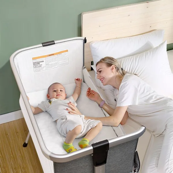 Berceau Cododo Bébé avec Matelas 7 Hauteurs Réglables Espace de Rangement Fenêtre en Maille Respirante 0-36 Mois Gris Clair