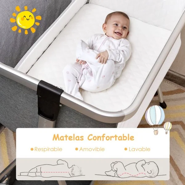 Berceau Cododo Bébé avec Matelas 7 Hauteurs Réglables Espace de Rangement Fenêtre en Maille Respirante 0-36 Mois Gris Clair