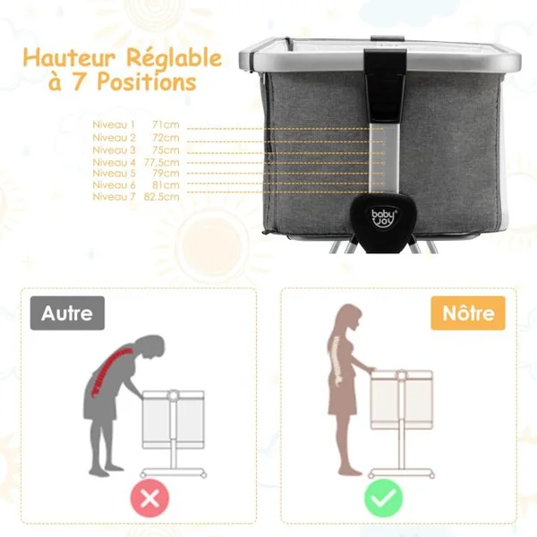 Berceau Cododo Bébé avec Matelas 7 Hauteurs Réglables Espace de Rangement Fenêtre en Maille Respirante 0-36 Mois Gris Clair