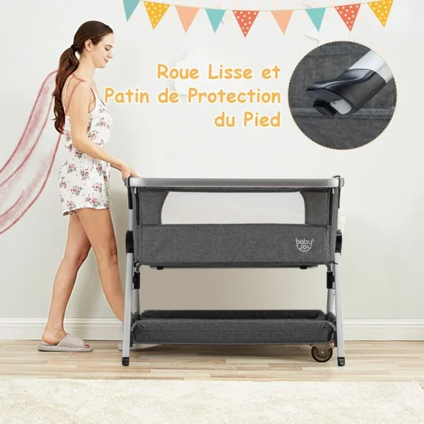 Berceau Cododo Bébé avec Matelas 7 Hauteurs Réglables Espace de Rangement Fenêtre en Maille Respirante 0-36 Mois Gris Clair