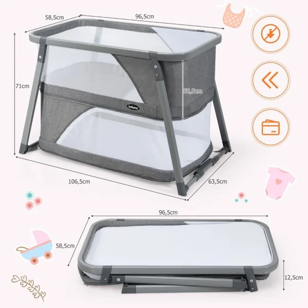 Berceau pour Bébé Pliage 3 en 1 Parc Bébé avec Matelas Fonction Balancelle Parois Latérales en Maille Filet Charge 9KG Gris