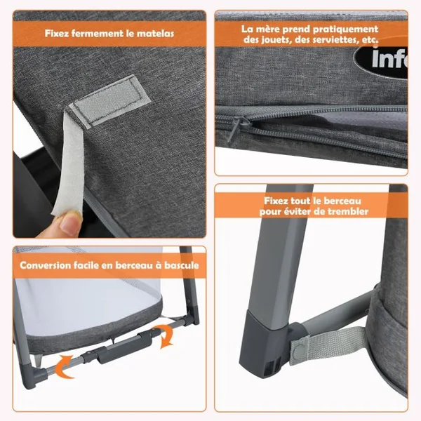 Berceau pour Bébé Pliage 3 en 1 Parc Bébé avec Matelas Fonction Balancelle Parois Latérales en Maille Filet Charge 9KG Gris