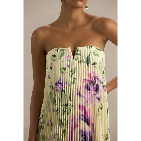 Bergamot | Robe Longue en Satin Jaune Citron à Imprimé Rose et Encolure Cœur
