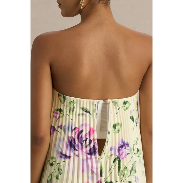 Bergamot | Robe Longue en Satin Jaune Citron à Imprimé Rose et Encolure Cœur