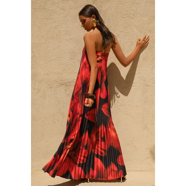 Bergamot | Robe Longue en Satin à Imprimé Floral Noir et Rouge avec Décolleté Cœur