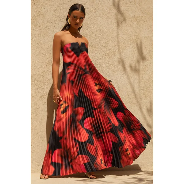 Bergamot | Robe Longue en Satin à Imprimé Floral Noir et Rouge avec Décolleté Cœur