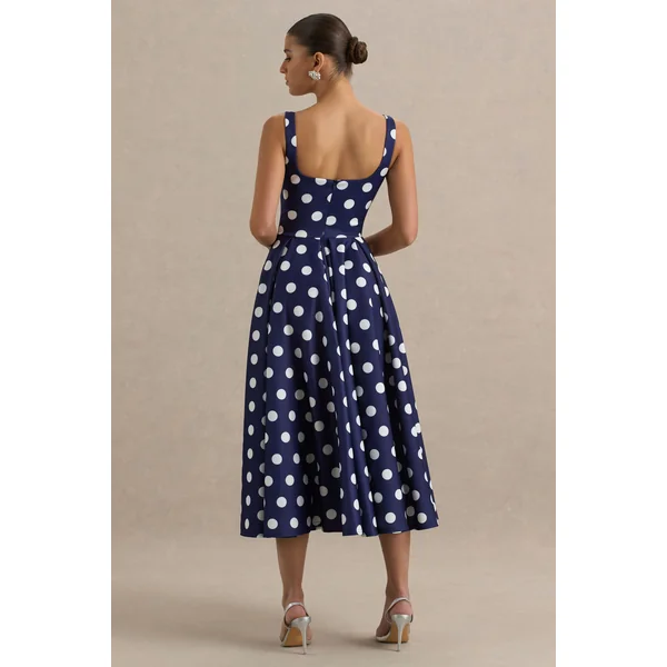 Berta | Robe mi-longue bleu marine à pois blancs et encolure carrée