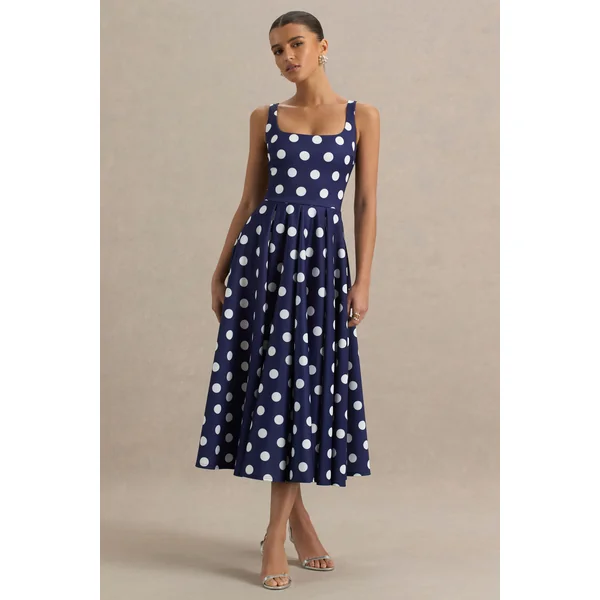 Berta | Robe mi-longue bleu marine à pois blancs et encolure carrée