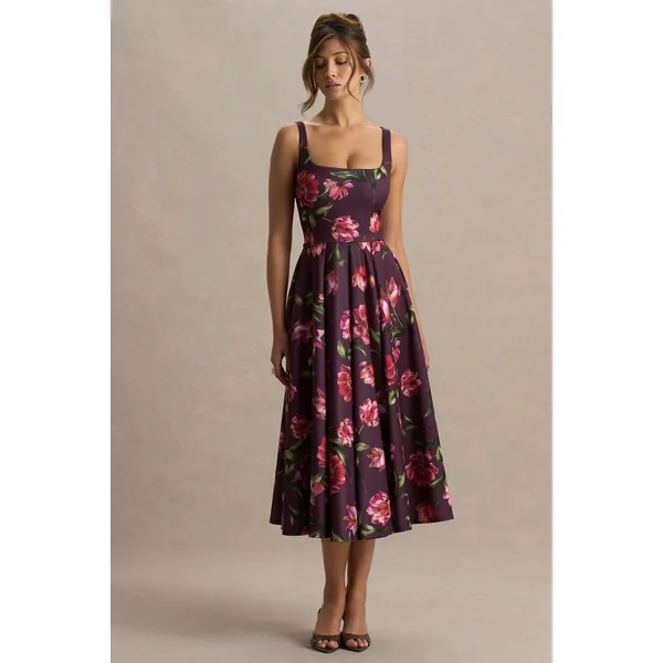 Berta | Robe mi-longue bordeaux à col carré avec imprimé floral