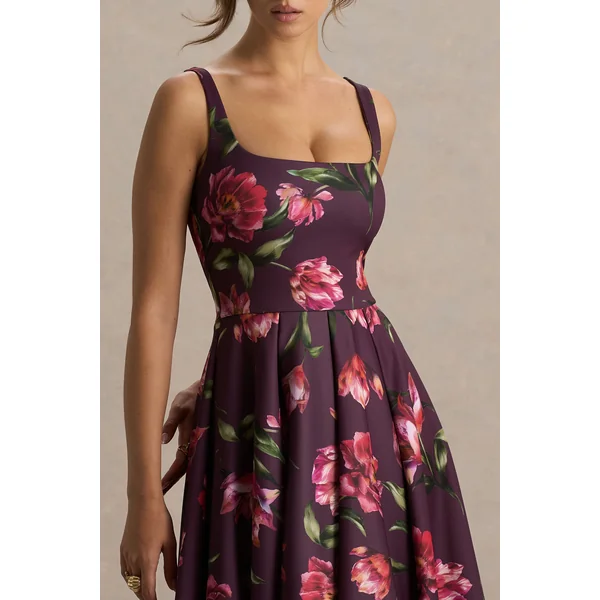 Berta | Robe mi-longue bordeaux à col carré avec imprimé floral
