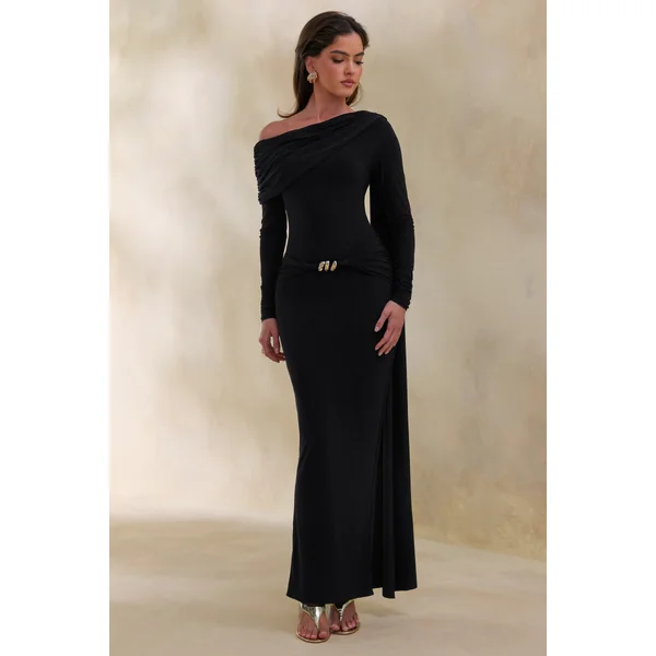 Bessy | Robe longue noire à encolure asymétrique avec détails froncés et écharpe