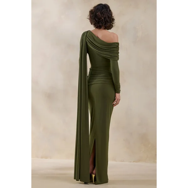 Bessy | Robe longue verte à encolure asymétrique avec détails froncés et ruban
