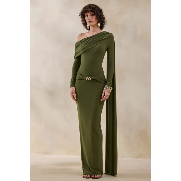 Bessy | Robe longue verte à encolure asymétrique avec détails froncés et ruban