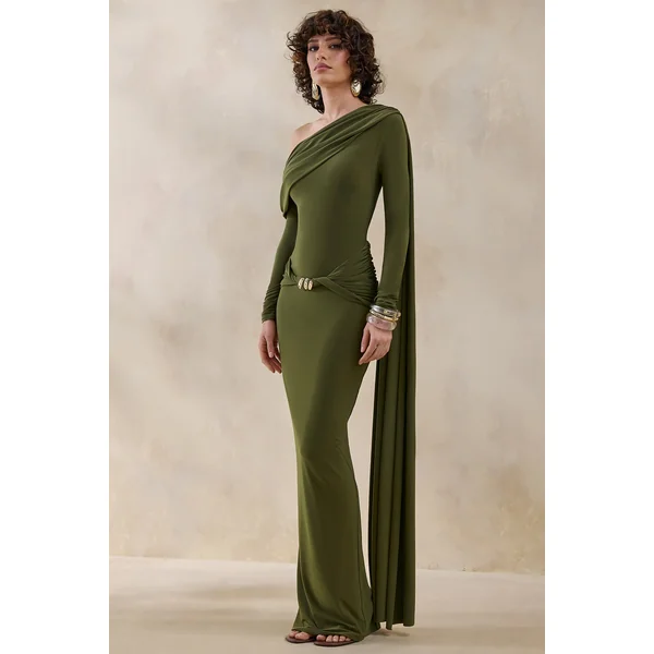 Bessy | Robe longue verte à encolure asymétrique avec détails froncés et ruban