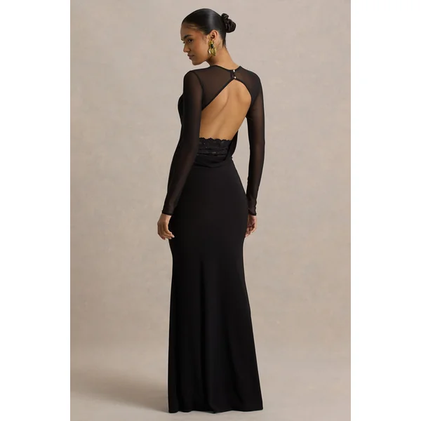 Bethan | Robe longue noire à décolleté drapé avec manches en mesh et dos ouvert
