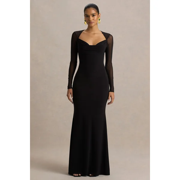 Bethan | Robe longue noire à décolleté drapé avec manches en mesh et dos ouvert