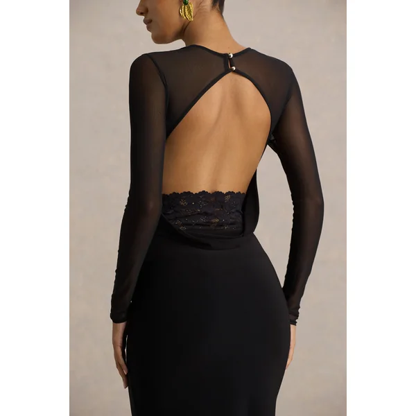 Bethan | Robe longue noire à décolleté drapé avec manches en mesh et dos ouvert
