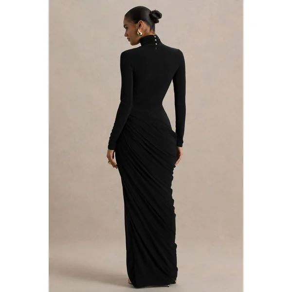 Betsy | Robe longue noire à encolure haute avec fente avant et détails froncés