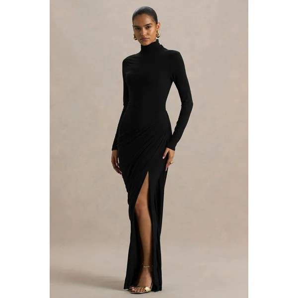 Betsy | Robe longue noire à encolure haute avec fente avant et détails froncés