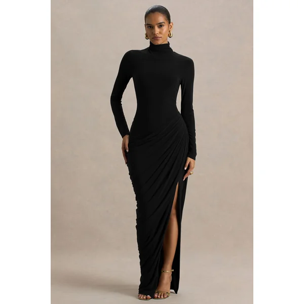 Betsy | Robe longue noire à encolure haute avec fente avant et détails froncés