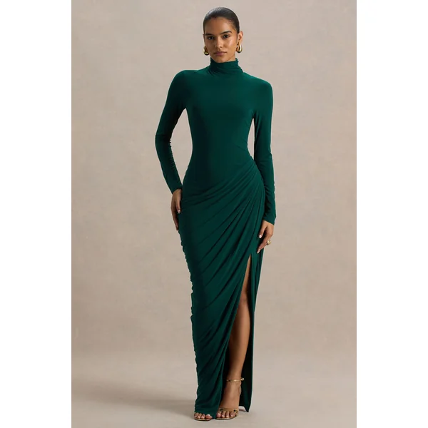 Betsy | Robe longue vert bouteille à col montant avec fente avant et détails drapés