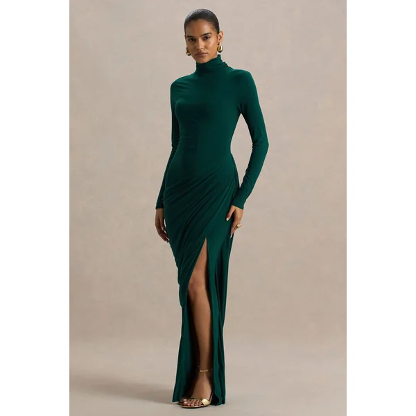 Betsy | Robe longue vert bouteille à col montant avec fente avant et détails drapés
