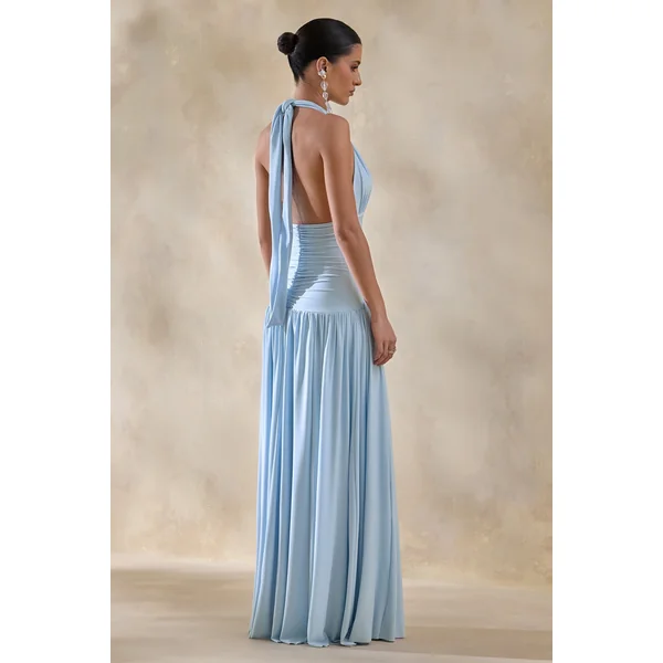 Bettina | Robe longue bleu poudré à encolure plongeante avec fronces