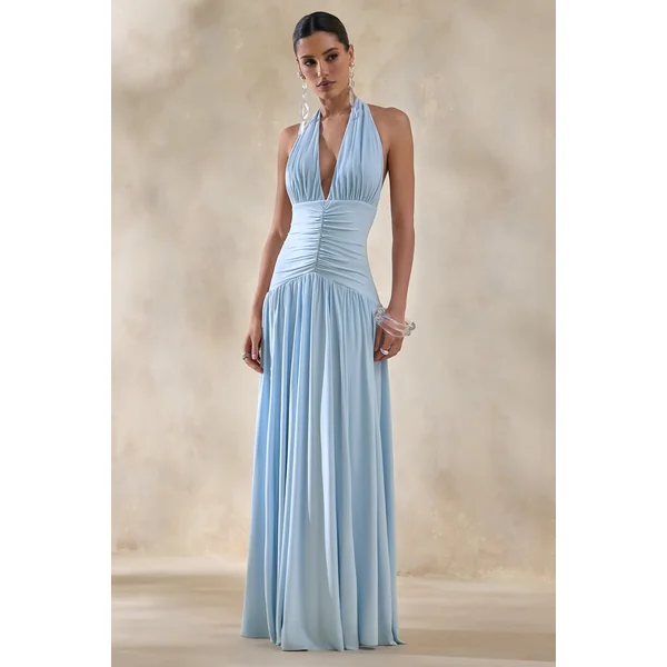 Bettina | Robe longue bleu poudré à encolure plongeante avec fronces